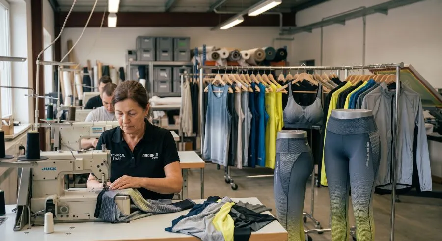 DrospioSports worker sewing custom private label sportswear and performance activewear.