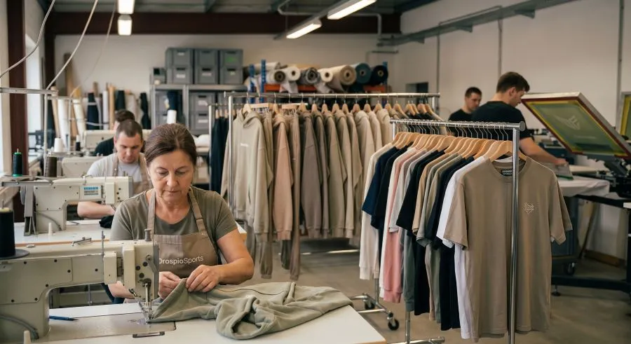 DrospioSports cut and sew workshop producing custom private label streetwear hoodies and t-shirts.