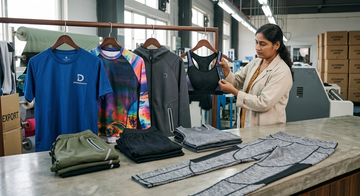 Garment inspector checks private label activewear and sports apparel samples in a manufacturing facility.