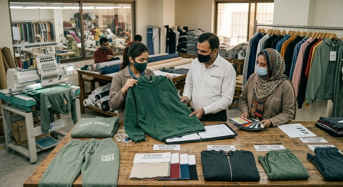 Apparel team inspecting custom private label heavyweight hoodie and loungewear samples.