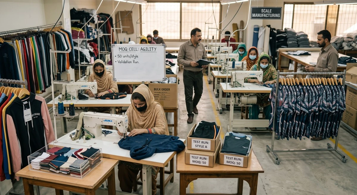 Agile low MOQ clothing production cell and scale manufacturing line in a private label garment factory.