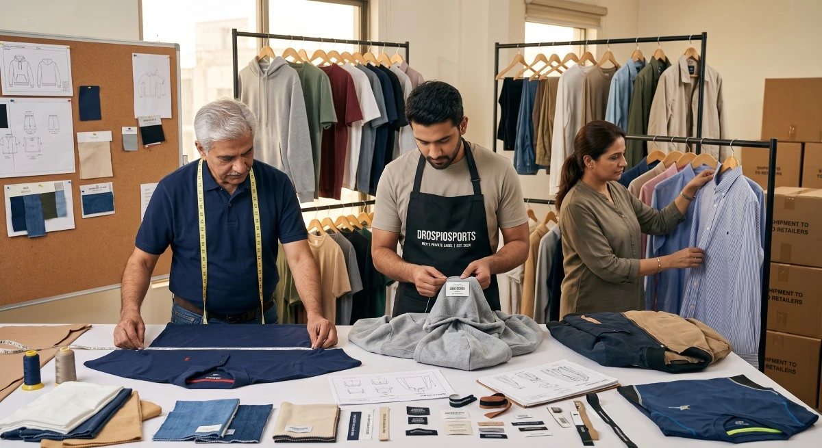 Drospiosports staff inspecting custom men's apparel samples and technical packs.