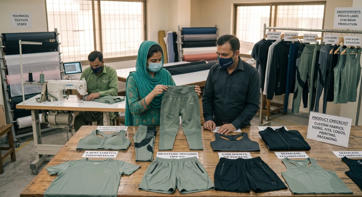 Quality inspectors reviewing custom private label seamless gym leggings and activewear in a manufacturing facility.