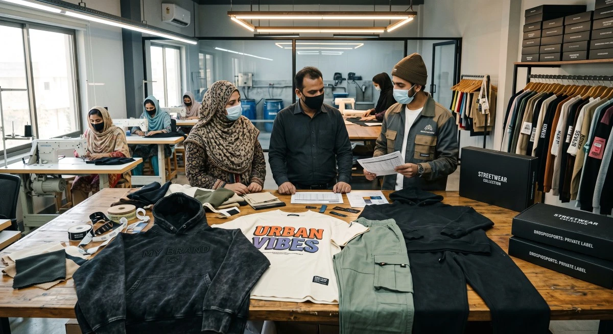 Clothing designers and production manager reviewing custom private label streetwear hoodie, graphic tee, and cargo pants samples in a manufacturing facility.