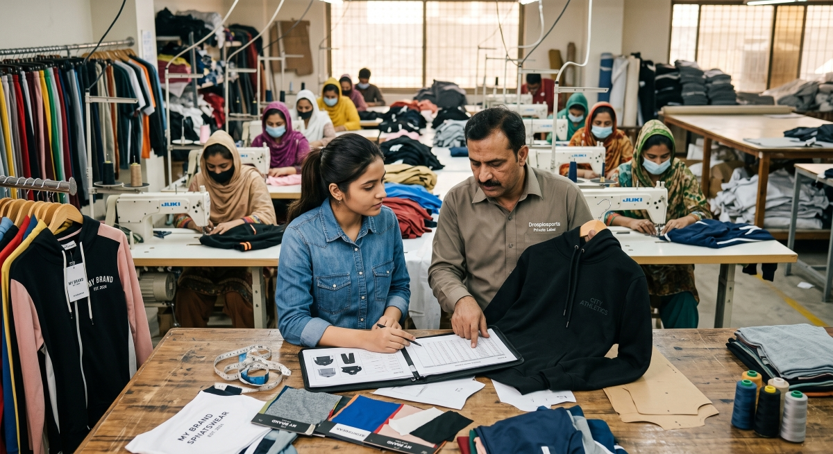 Designer and production manager reviewing garment specs in a private label apparel manufacturing factory.
