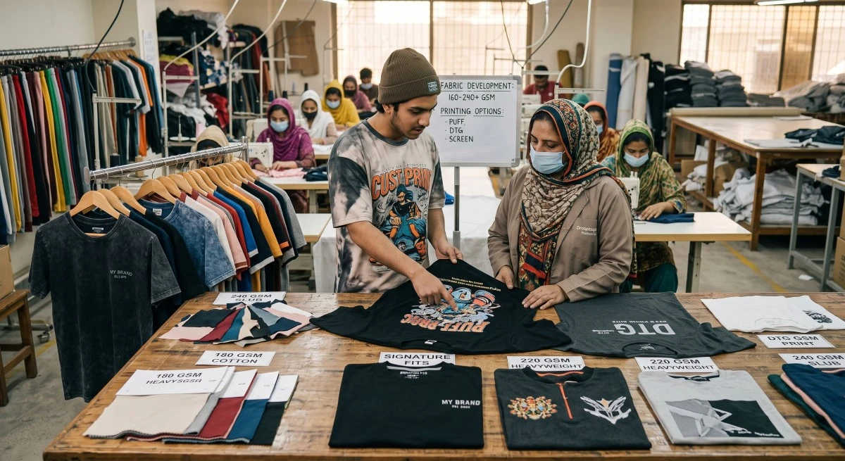 Designer and pattern maker reviewing custom printed t-shirts and fabric weights in an apparel factory.