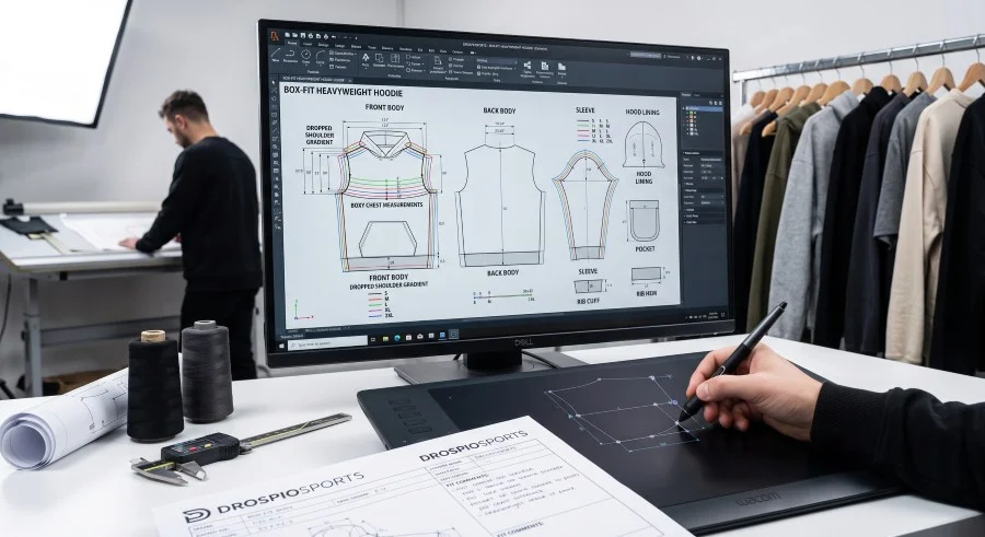 DrospioSports technical team develops precise custom CAD digital patterns for streetwear fit grading.