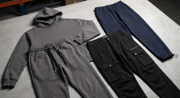 DrospioSports: Custom streetwear manufacturer producing matching fleece tracksuits, relaxed joggers, and multi-pocket cargo pants.