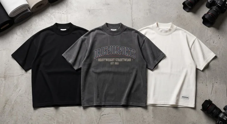 DrospioSports: Custom streetwear manufacturer displaying 300 GSM heavyweight boxy drop-shoulder t-shirts with thick ribbed collars.