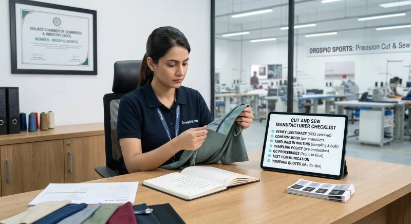 A product manager reviews a garment and checklist for comparing custom cut and sew manufacturers.
