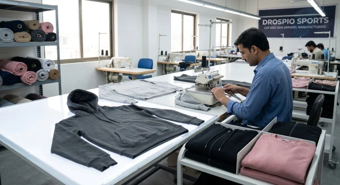Skilled worker stitching custom cut and sew hoodies and sweatshirts at DrospioSports factory in Sialkot.