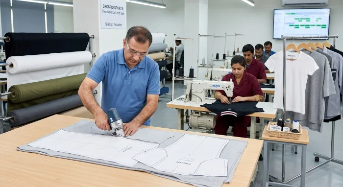 Custom cut and sew t-shirts in various fits being manufactured from patterns at our Sialkot factory.
