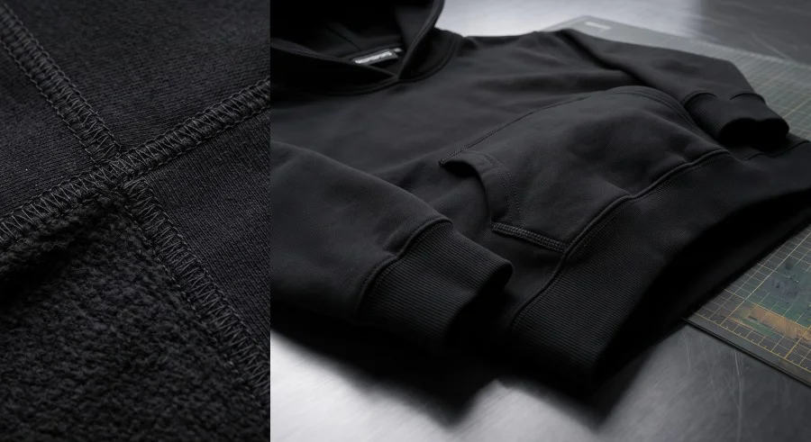 DrospioSports: Custom cut and sew streetwear manufacturer showing flatlock stitching and reinforced seams on a heavyweight hoodie.