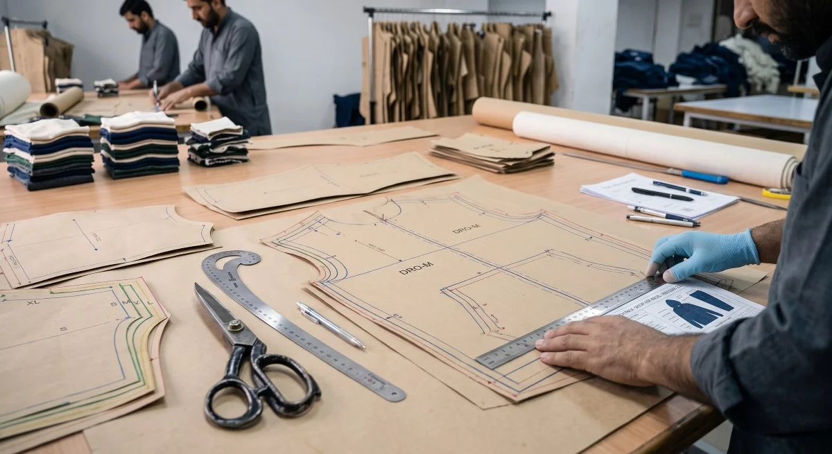Pattern drafting and sizing grading table at a small batch cut and sew apparel manufacturing facility.