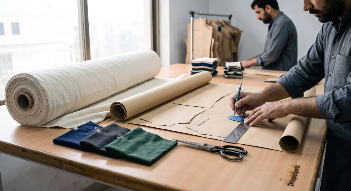 Small batch cut and sew manufacturers creating custom patterns from raw fabric for precise garment control.