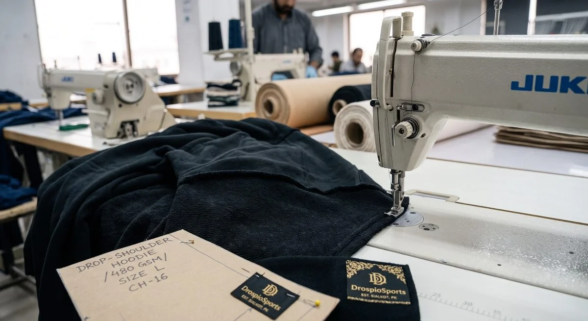 Heavyweight French Terry drop shoulder hoodie cut and sew assembly by a low MOQ clothing manufacturer.