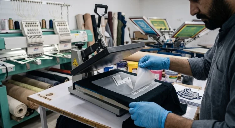 Apparel decoration department applying custom DTF and 3D puff prints for small batch clothing manufacturers.