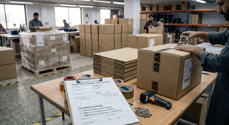 Global shipping cartons and export logistics documents for low MOQ apparel manufacturer orders under EXW FOB DDP terms.