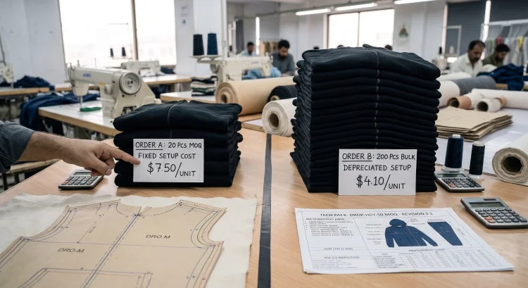 Unit economics comparison for 20 pcs low MOQ clothing manufacturing versus bulk apparel production runs.