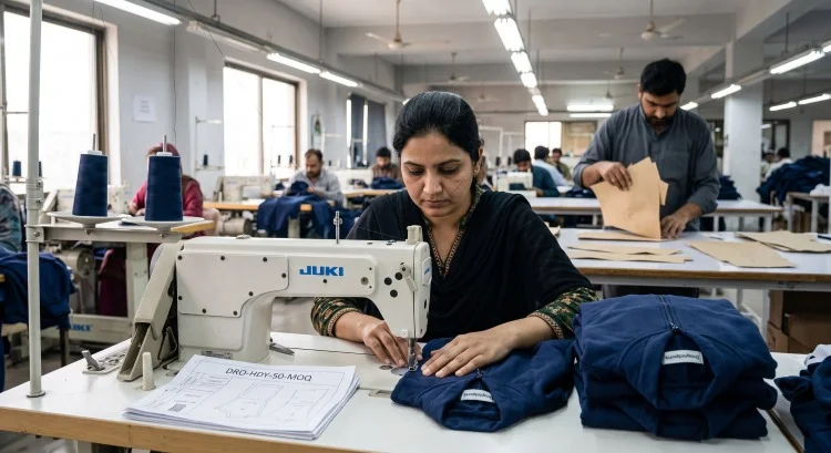 Small batch clothing manufacturer workstation focused on quality for low MOQ custom orders.