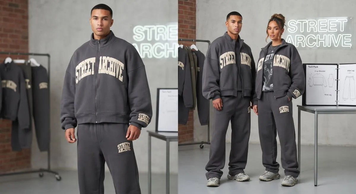 Tracksuit Manufacturer DrospioSports Models wearing heavyweight oversized drop-shoulder charcoal grey tracksuits with wide-leg joggers.