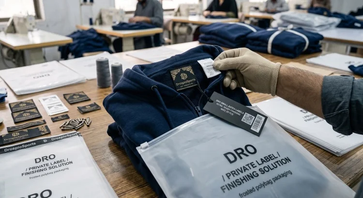 Private label clothing manufacturer applying woven damask labels, hangtags, and frosted polybag packaging.