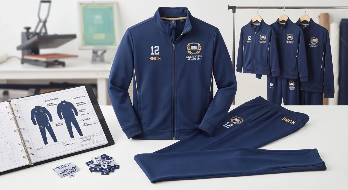 Tracksuit Manufacturer DrospioSports Coordinated navy blue school and academy team tracksuits featuring custom crests, names, and numbers at DrospioSports.