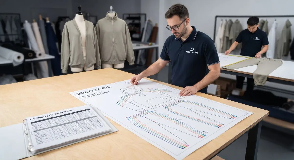 Tracksuit Manufacturer DrospioSports A pattern maker reviewing a graded tracksuit size chart from XS to 5XL at the Drospiosports studio.