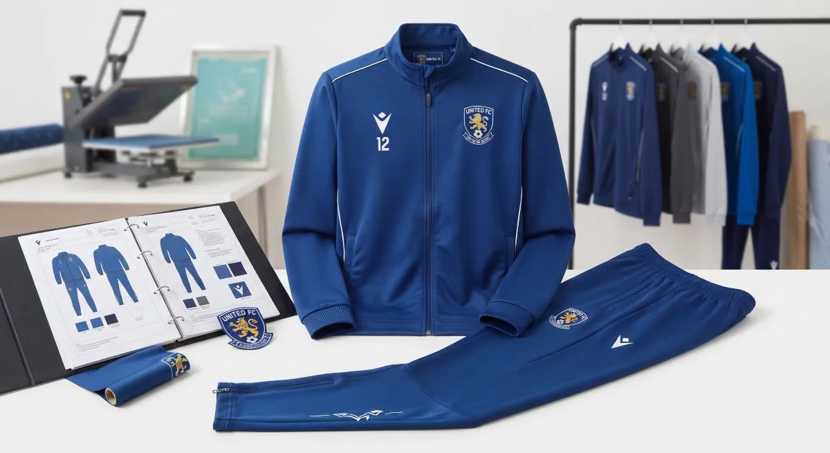 Tracksuit Manufacturer DrospioSports Custom royal blue soccer club training warm-up tracksuits with embroidered crests and player numbers on a studio table.