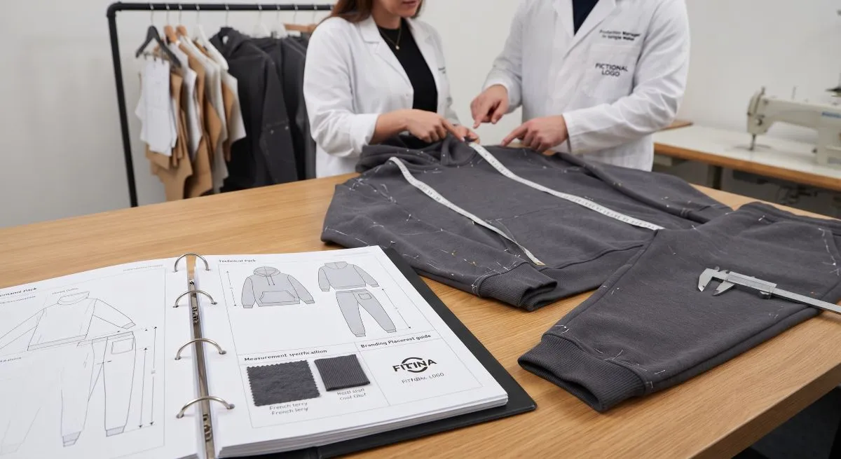 Tracksuit Manufacturer DrospioSports Technicians measuring a tracksuit prototype against a tech pack document on a workshop table.