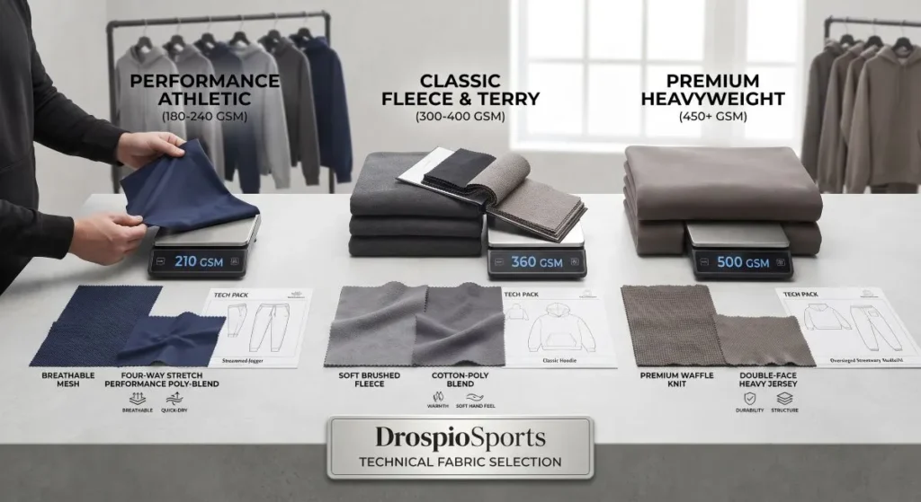 Tracksuit Manufacturer DrospioSports A multi-column display of technical tracksuit fabrics including French terry, tricot, and fleece with GSM weights at DrospioSports.