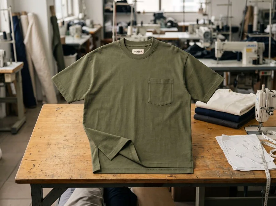 Heavyweight pocket & split-hem tees on a worktable, showcasing bartack stitching & split-hems from a custom t shirt manufacturer.