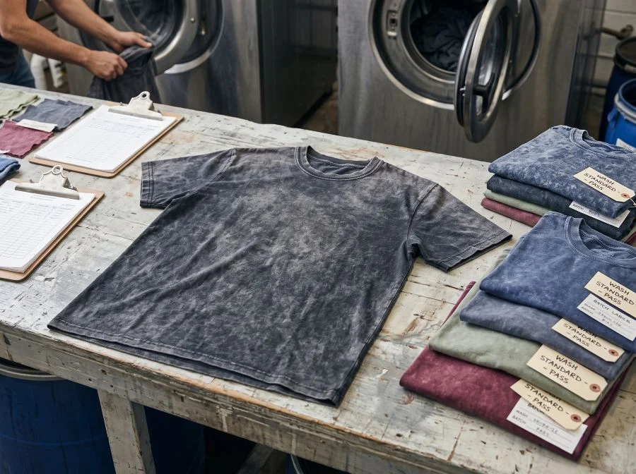 Vintage wash t shirt manufacturer showing faded mineral-washed, acid-washed, and pigment-dyed custom tees in a factory.