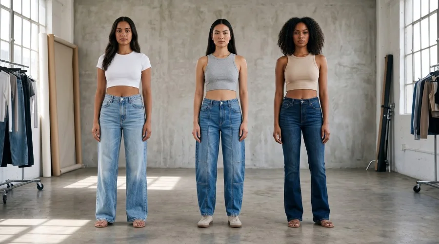Women wearing wide-leg, barrel-leg, flare, and high-rise denim jeans by custom jeans manufacturer